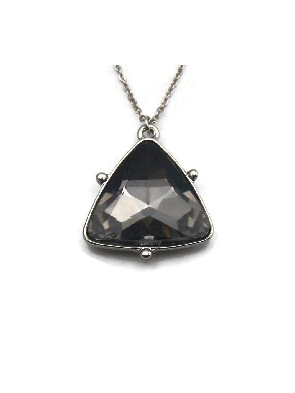 VTG Silver Tone & Large Gray Rhinestone Pendant Necklace, 26 to 28" Necklace.